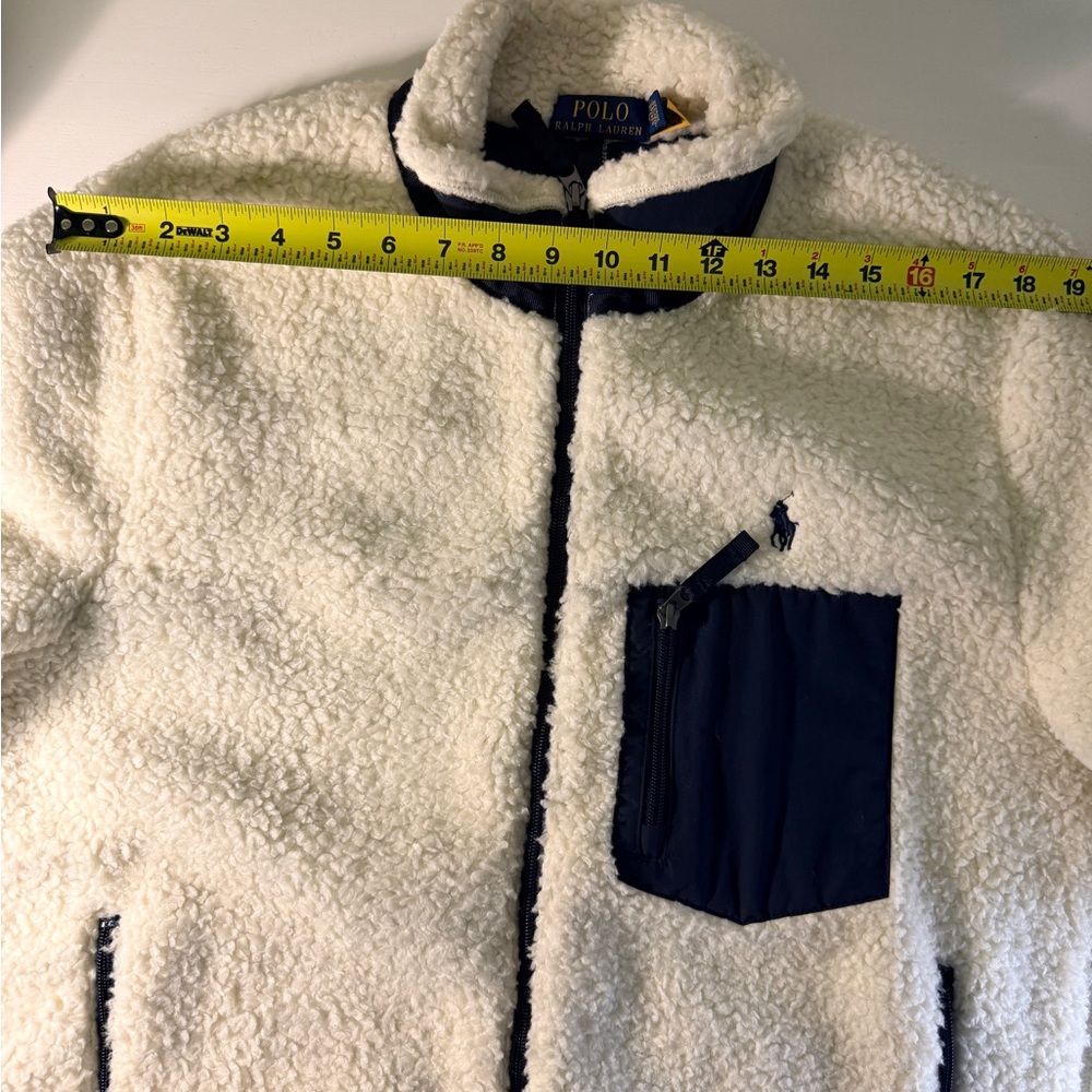 Ralph Lauren Men's Cream and Navy Pile Fleece Hybrid Jacket - Picture 12 of 13